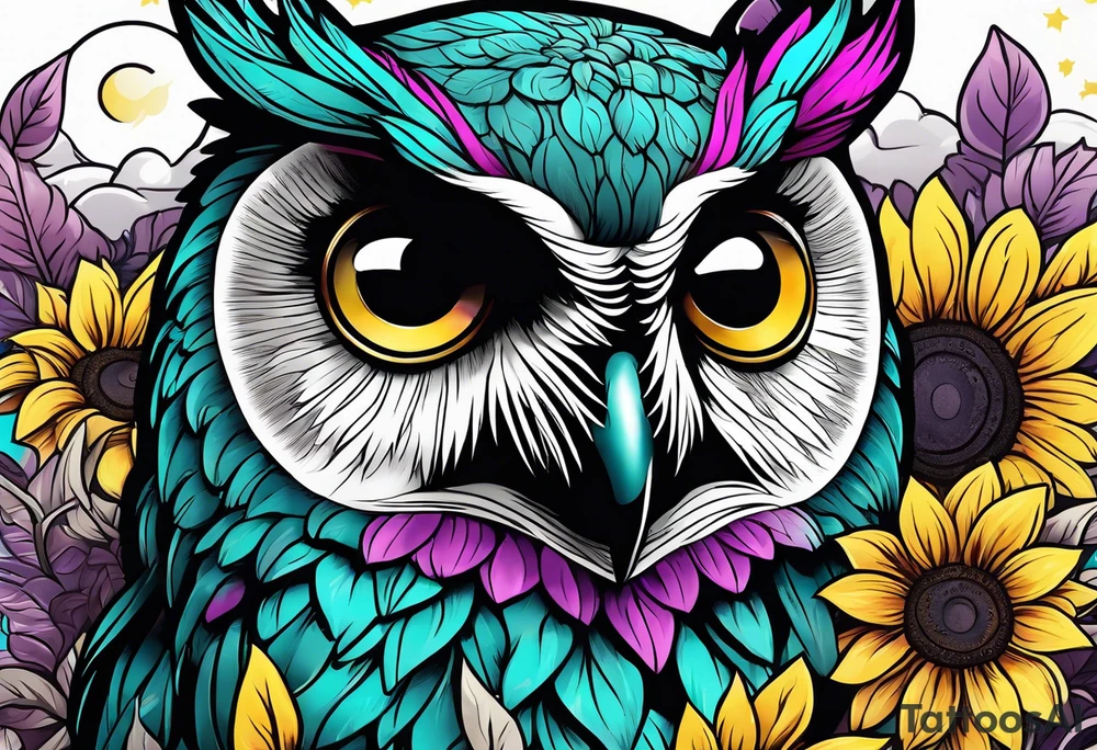 Black and white owl shaded teal, pink and purple surrounded by yellow sunflowers sleeve tattoo idea