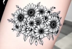 Bouquet of sunflowers, water Lillies, dahlias, marigolds, carnations, hydrangeas, daisys, and chrysanthemums tattoo idea