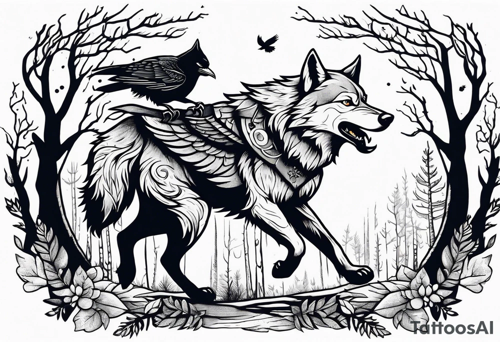 A powerful Wolf ist carrying a crow on His back
Background Woods tattoo idea