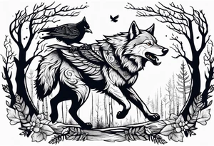 A powerful Wolf ist carrying a crow on His back
Background Woods tattoo idea