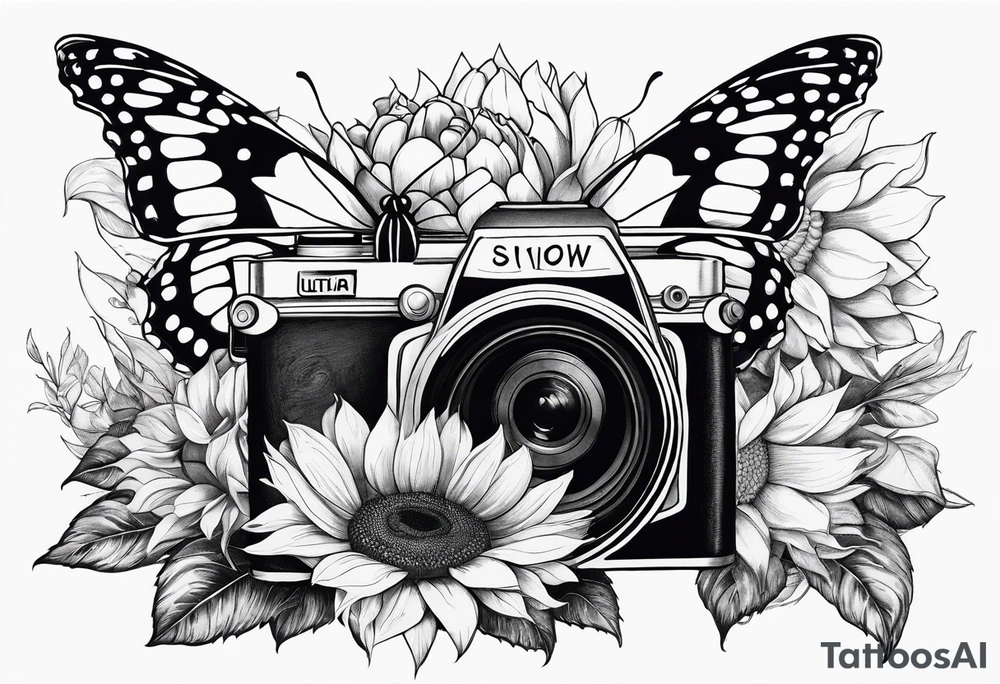 Butterfly, sunflower, camera, book, flower rose tattoo idea Butterfly, sunflower, camera, book, flower rose tattoo idea