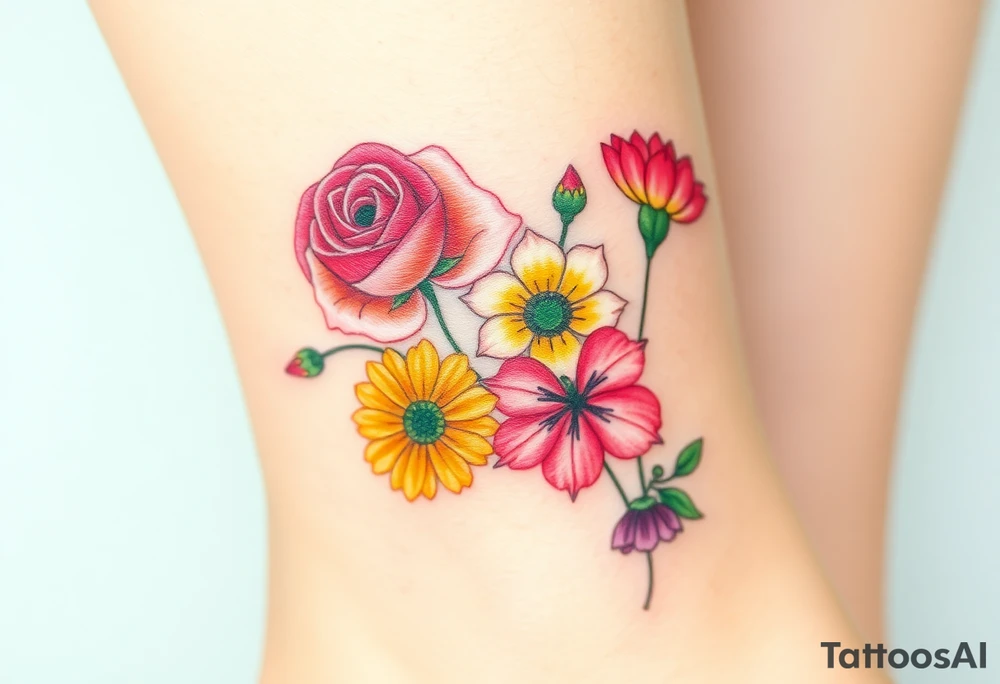 a vibrant, watercolor tattoo with one rose, one lily, one marigold, and one cosmos flower tattoo idea
