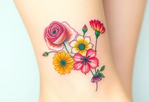 a vibrant, watercolor tattoo with one rose, one lily, one marigold, and one cosmos flower tattoo idea