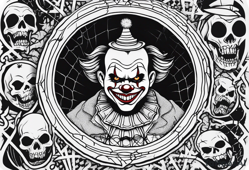 penny wise clown peaking from the inside of a well covered with  with evil spiders and cobwebs, skulls all in a collage with other killers from horror movies tattoo idea