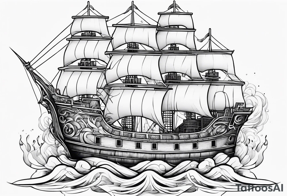 A very abstract mechanical or even technical design in the shape of a ship on fire tattoo idea