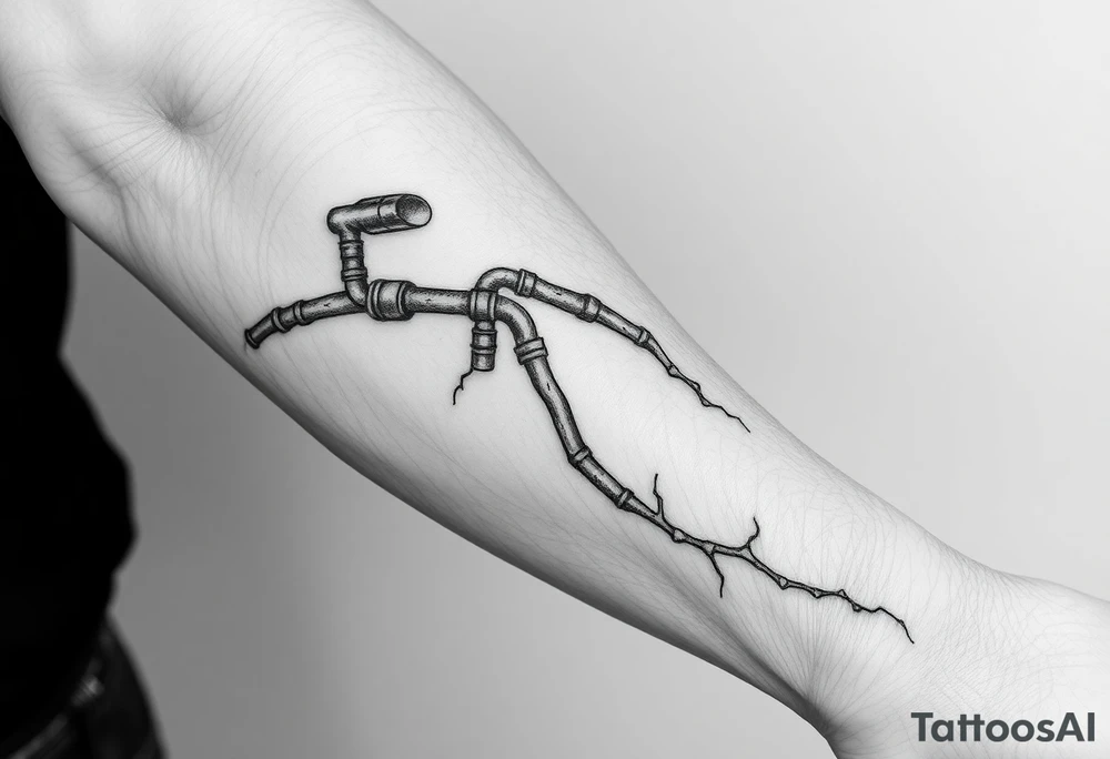 long System of pipes that transitions and transforms into veins of forearm. Top pipe starts closer to the elbow tattoo idea