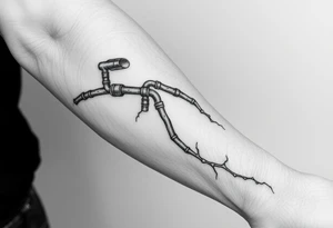 long System of pipes that transitions and transforms into veins of forearm. Top pipe starts closer to the elbow tattoo idea