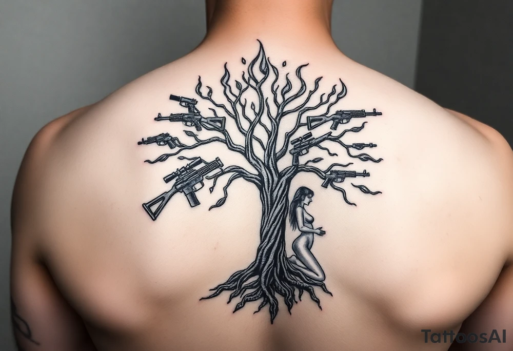 burning tree of life with firearms scattered and nude woman tattoo idea