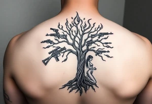 burning tree of life with firearms scattered and nude woman tattoo idea