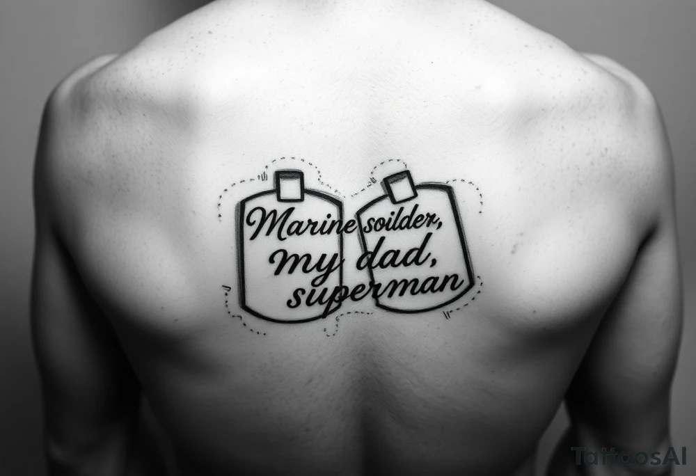 in pencil led draw "Marine soilder, my dad, my superman" inside the dogtags tattoo idea