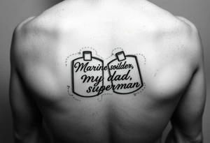 in pencil led draw "Marine soilder, my dad, my superman" inside the dogtags tattoo idea