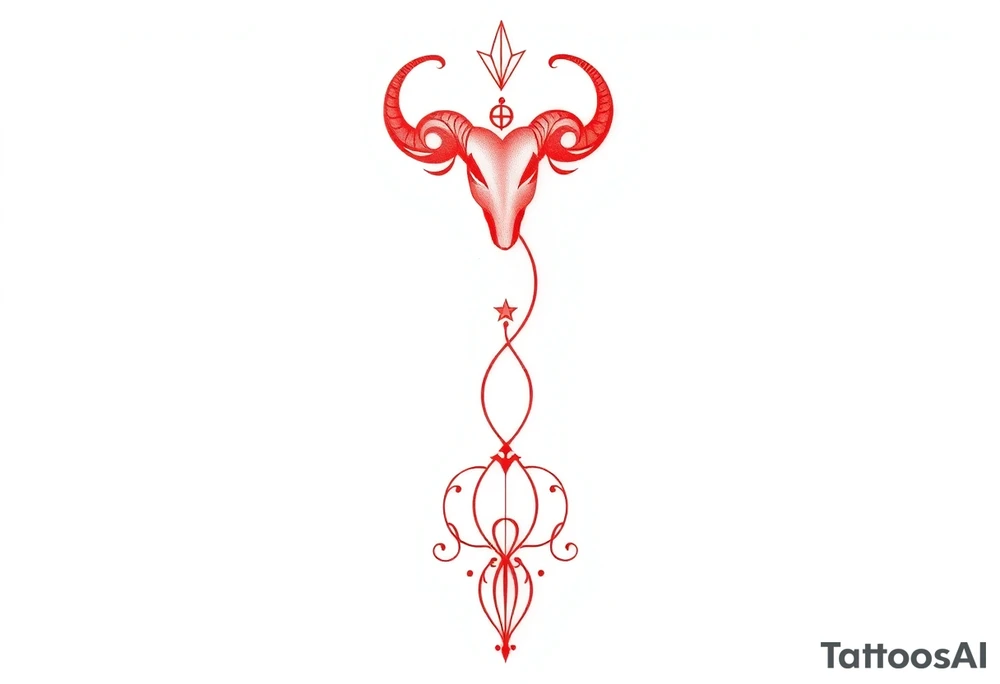Tattoo that combines the star sign Taurus and Libra ,in red , down the spine tattoo idea