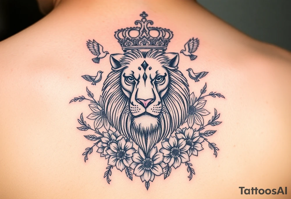 powerful majestic lion with a crown, surrounded by floral ornaments and birds tattoo idea