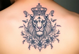 powerful majestic lion with a crown, surrounded by floral ornaments and birds tattoo idea