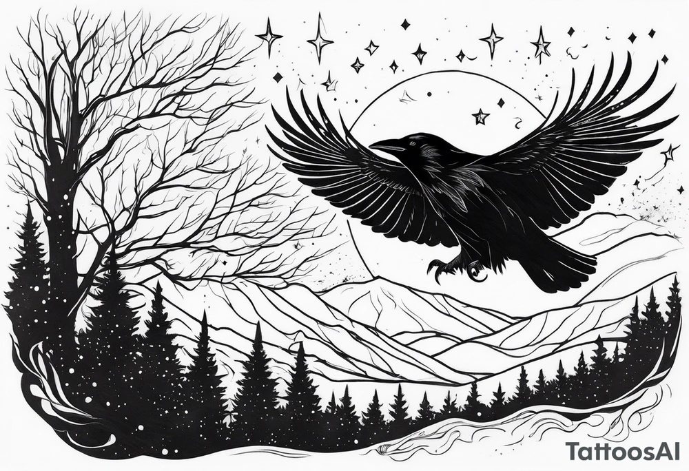 Raven flying, in battle, knowing, light behind its eyes, ethereal, stars and trees in the background tattoo idea