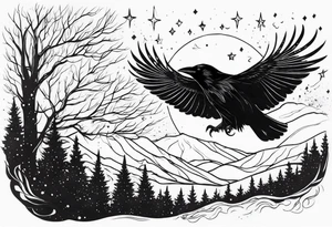 Raven flying, in battle, knowing, light behind its eyes, ethereal, stars and trees in the background tattoo idea