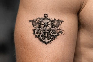 a compass under it an anchor, roses,world map. tattoo idea