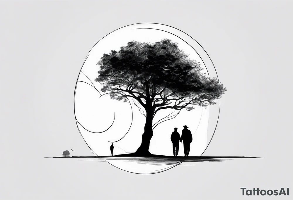 A tree, underneath the tree place an old man and his adult son into distance, same side of tree tattoo idea