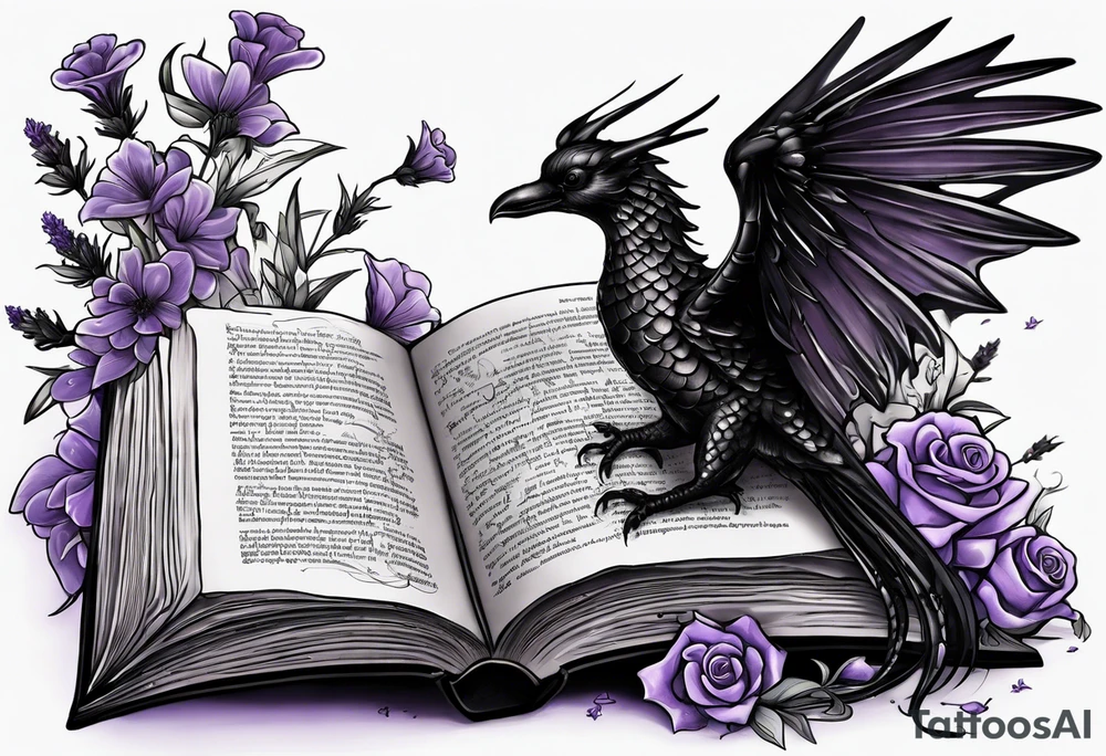 an open book. Above the book, a small dragon, flies. a pawn chess piece.  On the left corner of the book, a little raven. Below the book, a cluster of lavender flowers, with a bumblebee tattoo idea