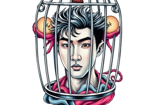 Handsome Asian young guy in evils cage tattoo idea