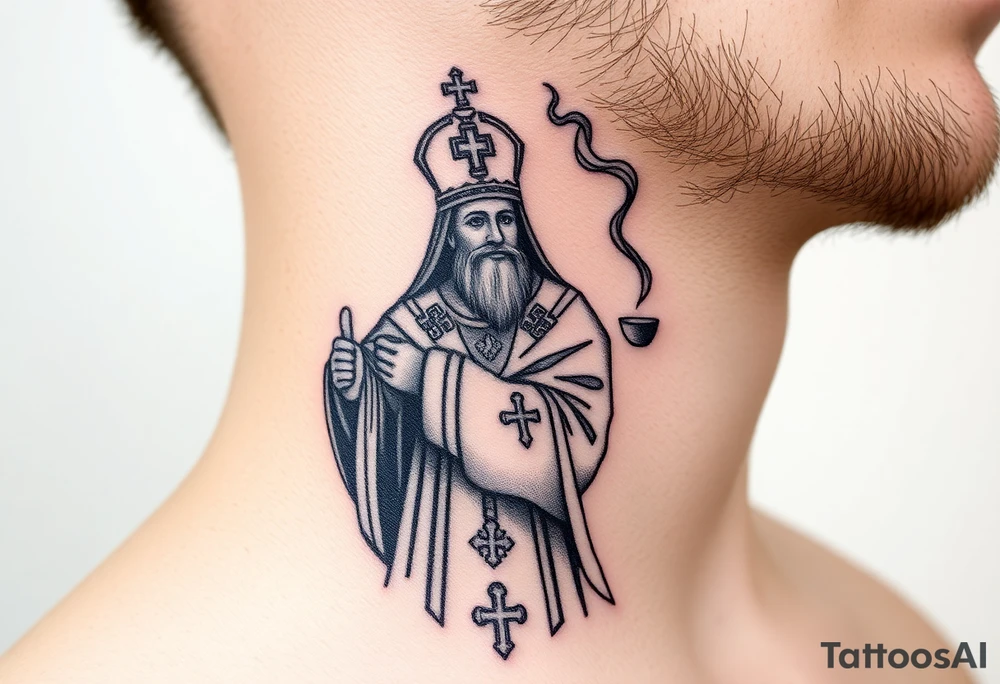 Russian Orthodox Priest in fully detailed vestment swinging a censer with smoke curling upward tattoo idea