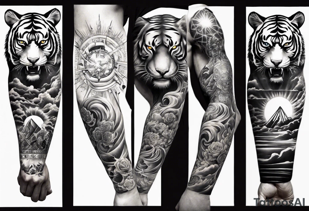 Tiger Warrior sleeve tattoo with lightning and the sun
Forearm sleeve tattoo idea