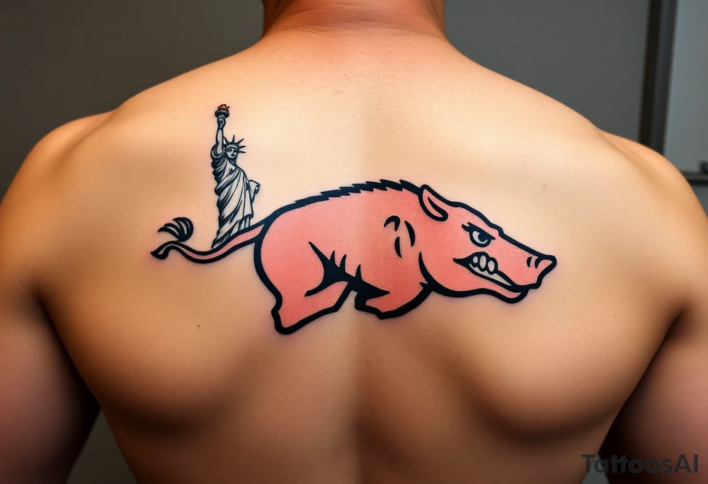 Arkansas razorback logo running through the streets of New York City with the Statue of Liberty in the background tattoo idea