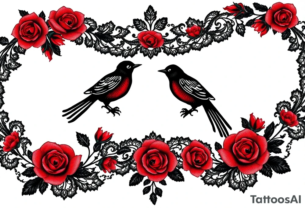 Vintage black lace, red roses, red birds, vintage, wrap around, tighter together, no space open tattoo idea