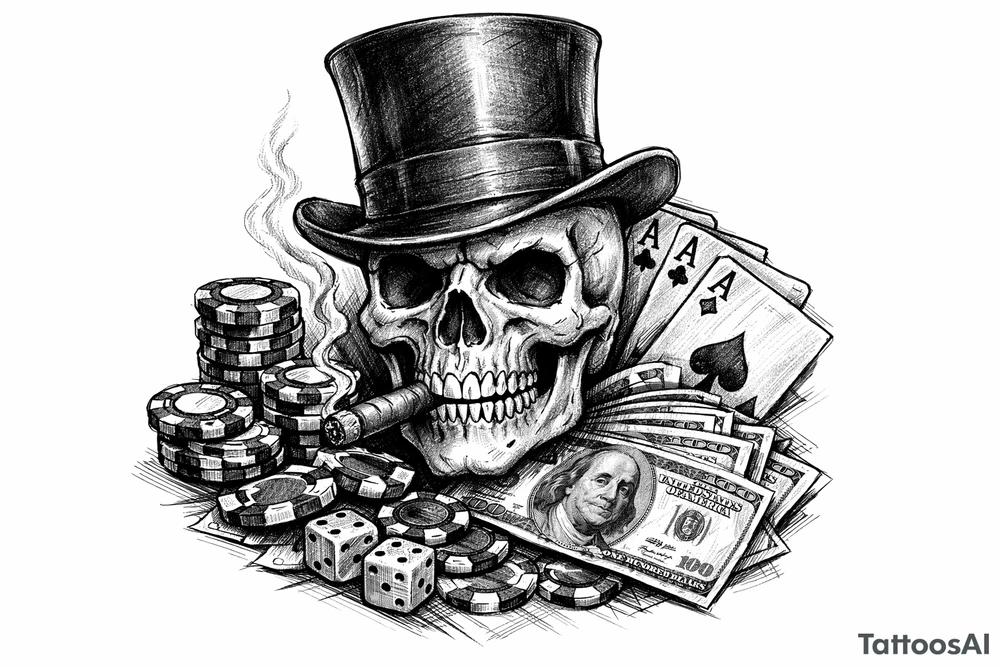 skull with cigar in his mouth,top-hat surrounded by poker-chips,paying cards and money. tattoo idea