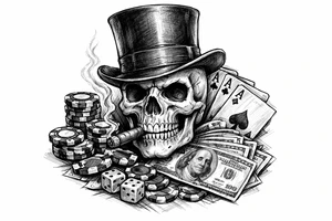 skull with cigar in his mouth,top-hat surrounded by poker-chips,paying cards and money. tattoo idea