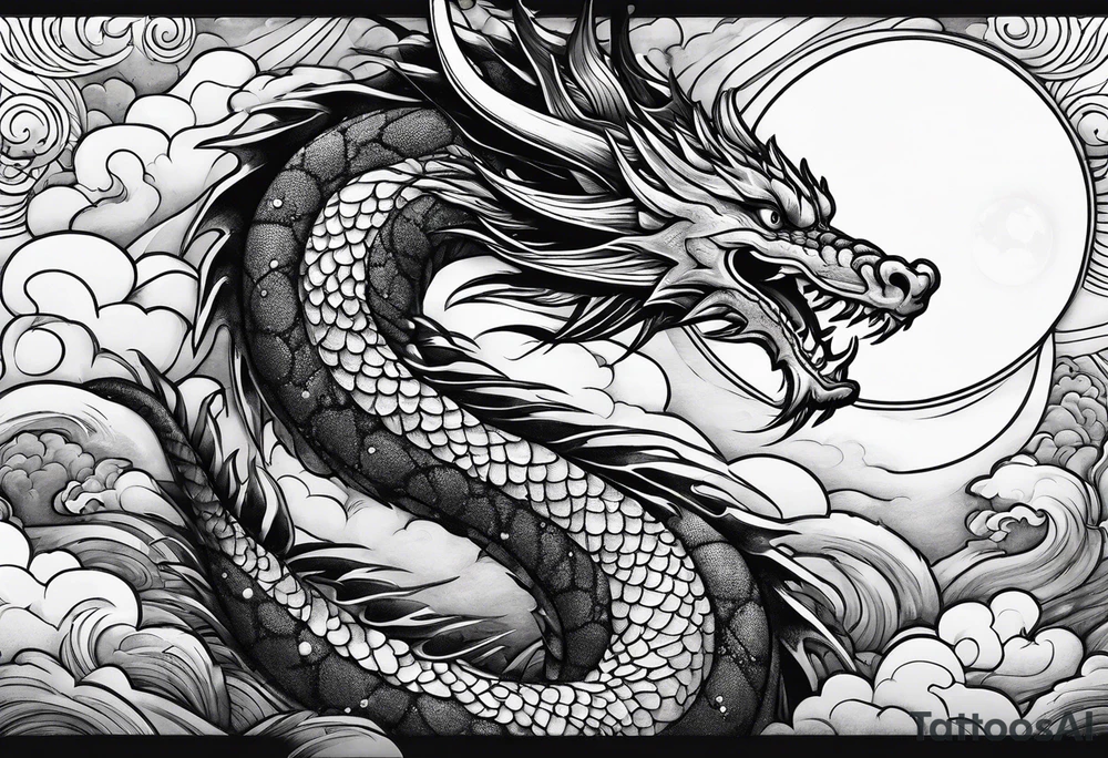 A strip with a dragon with cloud and the moon tattoo idea A strip with a dragon with cloud and the moon tattoo idea