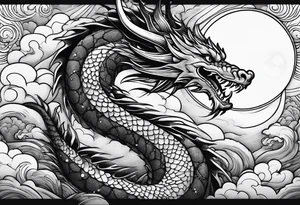 A strip with a dragon with cloud and the moon tattoo idea