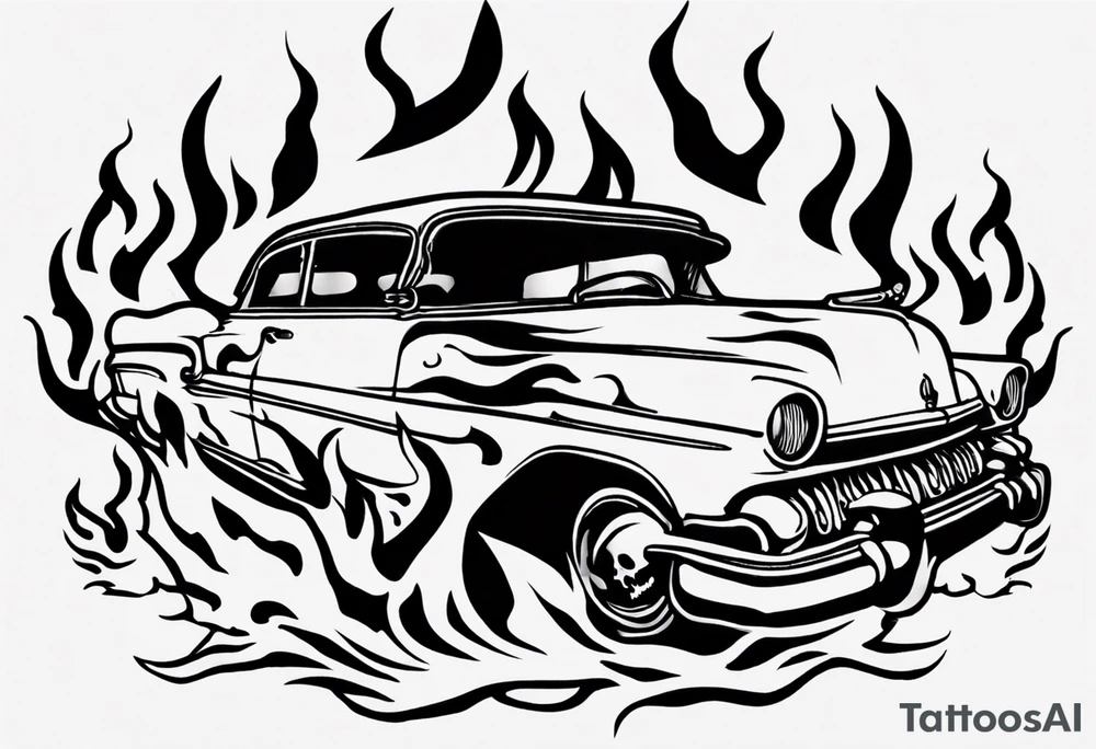 vintage classic car with flames coming out of the bonnet and a skeleton head coming from the top of the flames tattoo idea