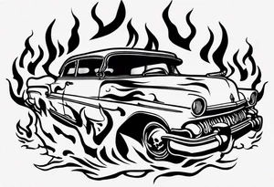 vintage classic car with flames coming out of the bonnet and a skeleton head coming from the top of the flames tattoo idea