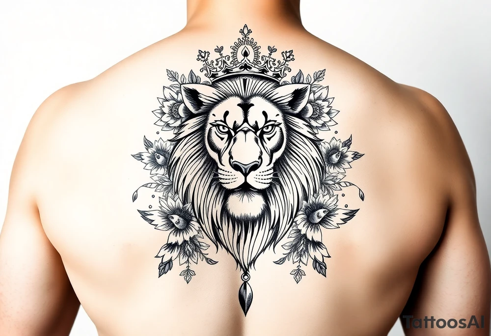 powerful majestic lion with a crown, surrounded by floral ornaments and birds tattoo idea