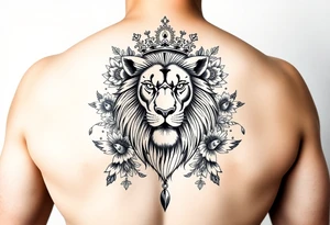 powerful majestic lion with a crown, surrounded by floral ornaments and birds tattoo idea