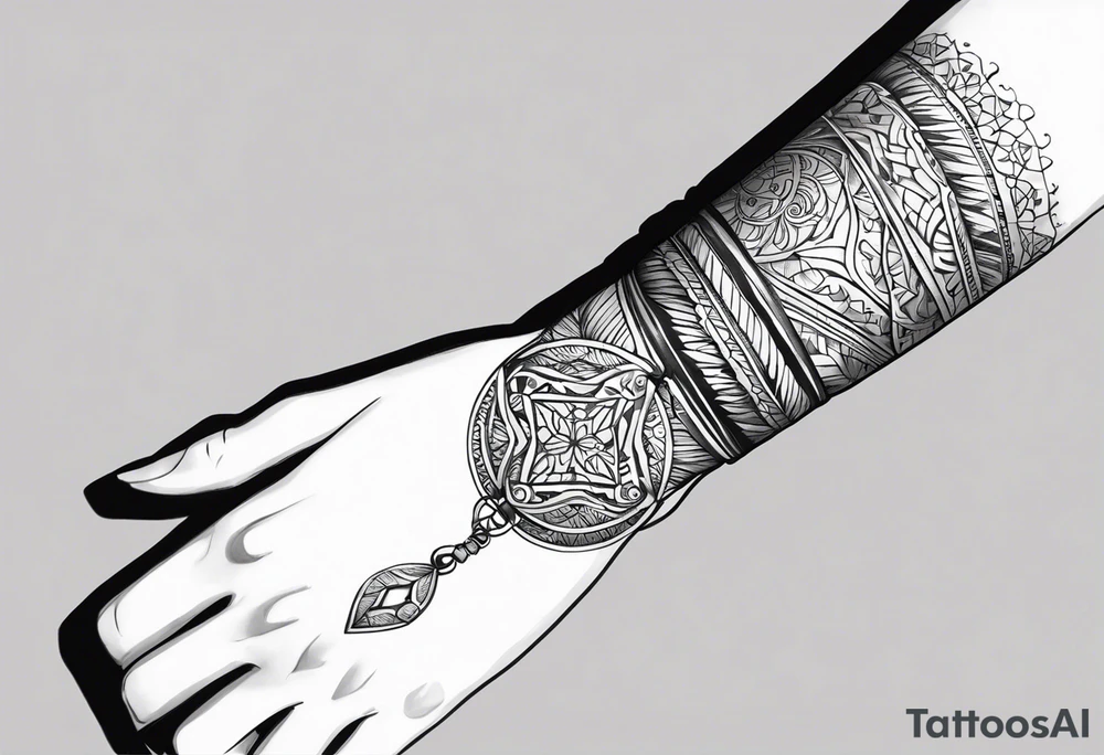 Design a tattoo sketch in a realistic style, depicting a bracelet wrapped around the wrist. The bracelet should have detailed features, such as intricate patterns, textures, and shadows, giving it a lifelike appearance. The design should look like it's naturally sitting on the skin, with attention to the curve of the bracelet and the way it interacts with light and shadow. The overall style should be elegant and refined, capturing the essence of a real bracele tattoo idea