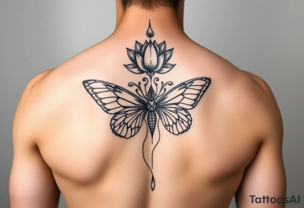 Elegant spine tattoo with lotus flower and butterfly with cracked wings mid back down tattoo idea