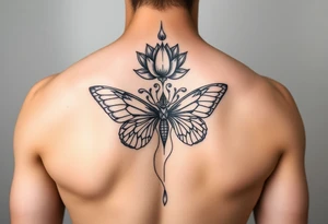 Elegant spine tattoo with lotus flower and butterfly with cracked wings mid back down tattoo idea
