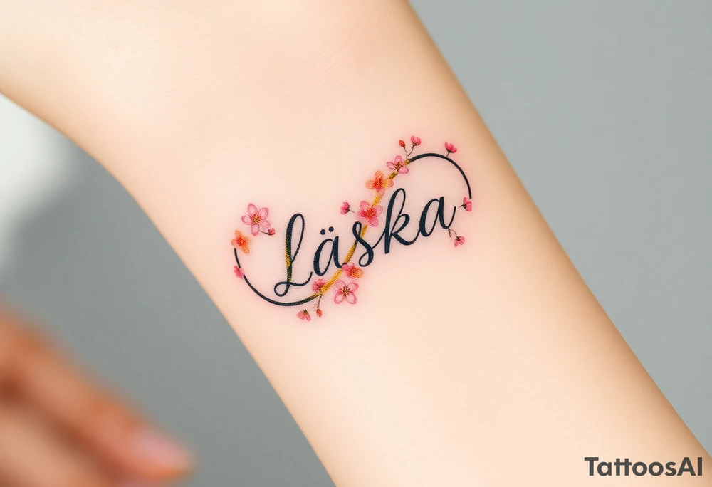 A golden infinity symbol with tiny cherry blossoms surrounding the word "Láska", representing beauty, romance, and fleeting yet eternal love tattoo idea