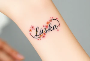 A golden infinity symbol with tiny cherry blossoms surrounding the word "Láska", representing beauty, romance, and fleeting yet eternal love tattoo idea