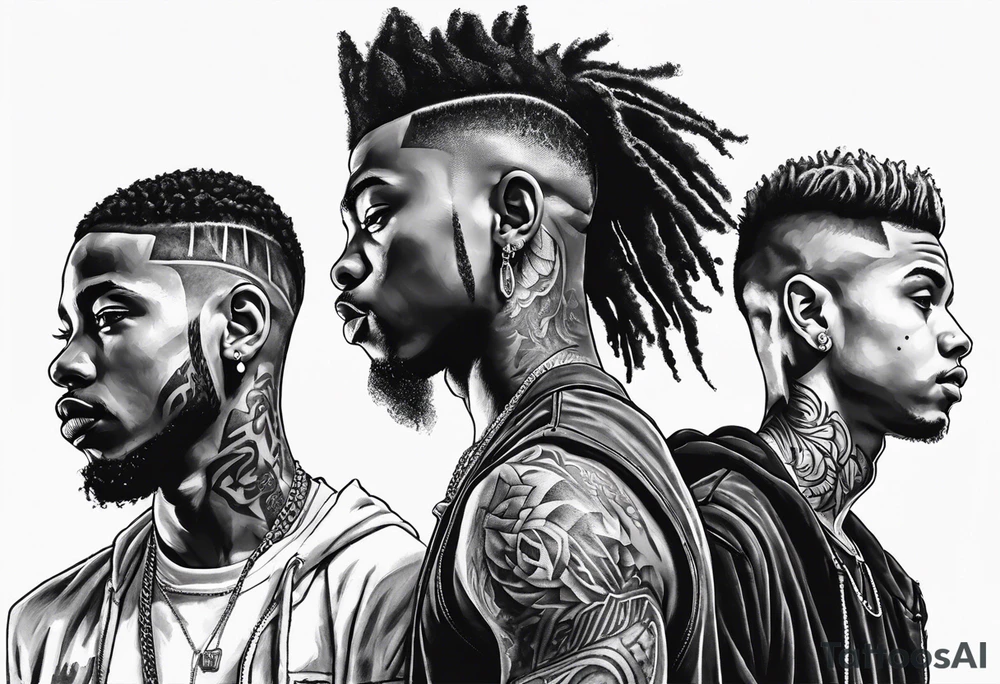 3 young black brothers walking away together  you can see from feet to head and one is looking to the side showing the side of his face tattoo idea
