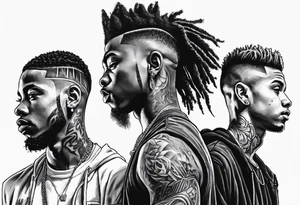 3 young black brothers walking away together  you can see from feet to head and one is looking to the side showing the side of his face tattoo idea