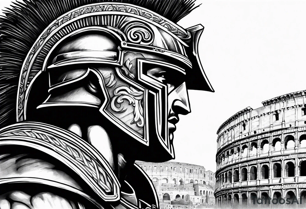 Side profile of spartan soilder with Rome Pantheon and colosseum in background tattoo idea