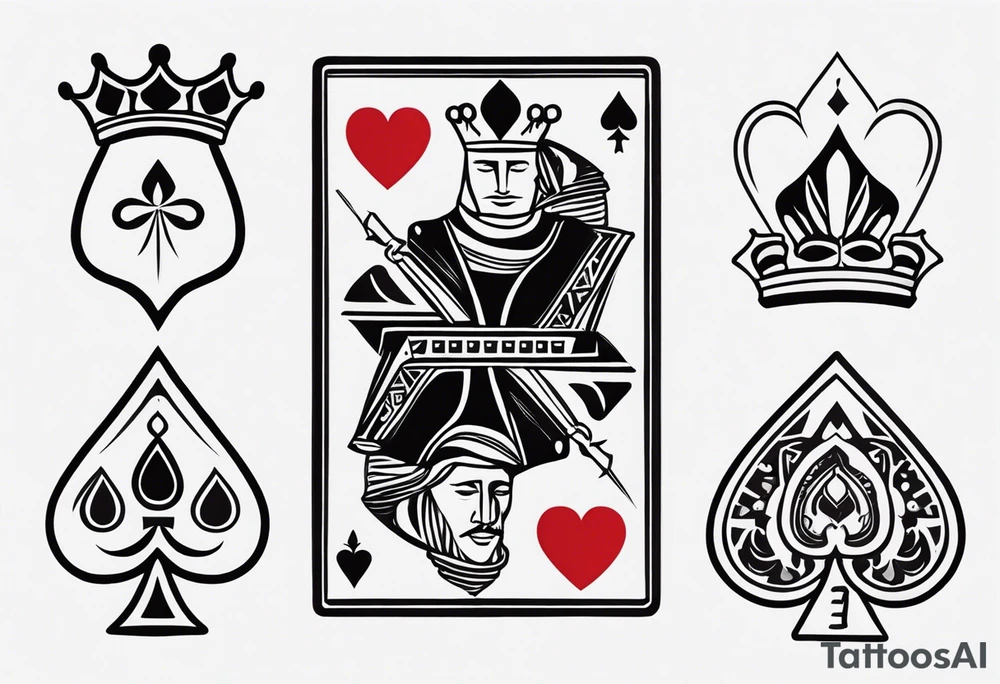one combined tatto in minimalistic style with icon style three king of spades and icon style one queen of hearts. extreme minimalstic and few lines. much more minimlastic and fewer lines tattoo idea