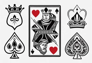 one combined tatto in minimalistic style with icon style three king of spades and icon style one queen of hearts. extreme minimalstic and few lines. much more minimlastic and fewer lines tattoo idea