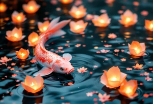 Pink Koi with Floating Lanterns – A soft pink koi surrounded by glowing orange paper lanterns on water, evoking peace, hope, and remembrance. tattoo idea