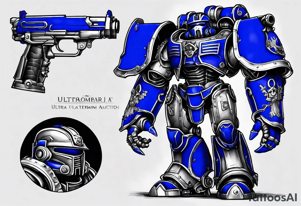 Warhammer 40000 ultramarine power armor with chain sword and bolt pistol tattoo idea