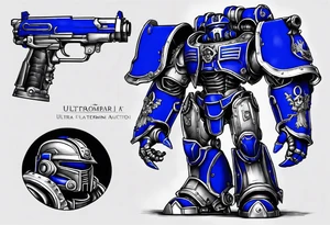 Warhammer 40000 ultramarine power armor with chain sword and bolt pistol tattoo idea