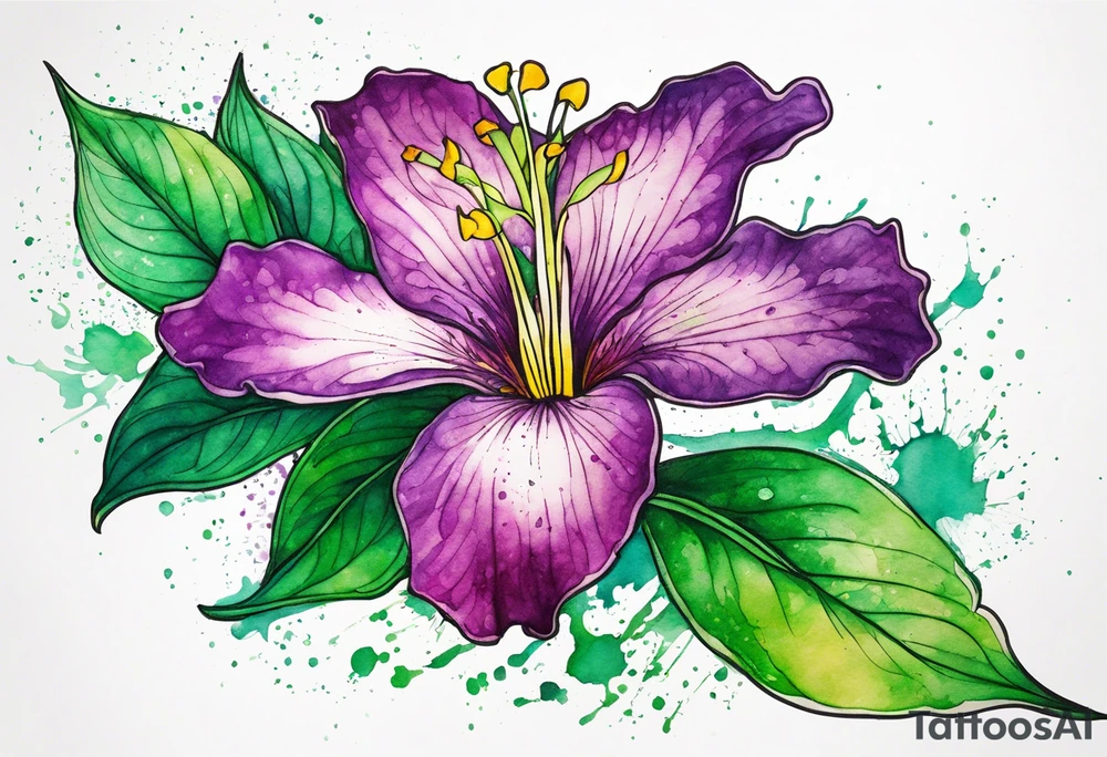 An outline of a green rio dipladenia flower and a green/purple watercolor splash in the background tattoo idea